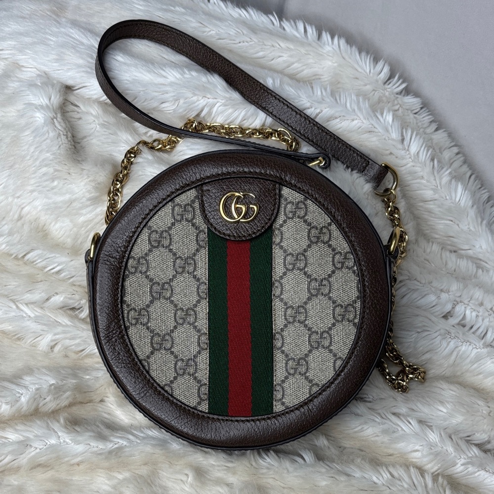 Gucci Brown GG Supreme Round Crossbody with Green-Red Web - Picture 5 of 12